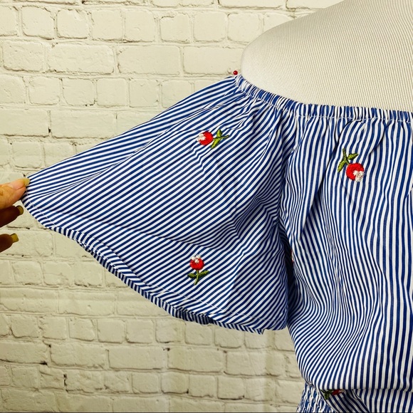 NEW Blue White Stripe Embroidered Peasant Blouse - Picture 3 of 15